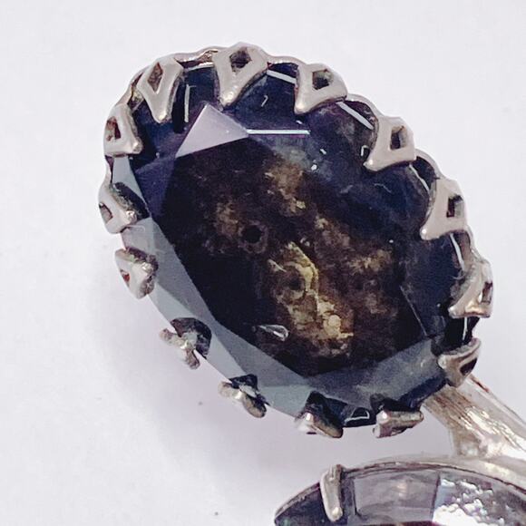 Vintage 1960s Mourning Style Brooch Smoky Rhinestones Floral Silver Tone Pin - Picture 4 of 10